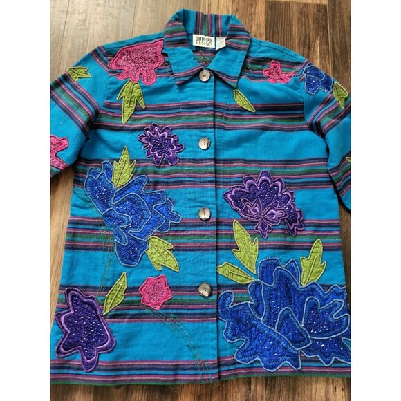 Vtg Chicos Colorful Blue Purple Floral Applique Beaded Artsy Button Up Jacket S - Picture 2 of 5